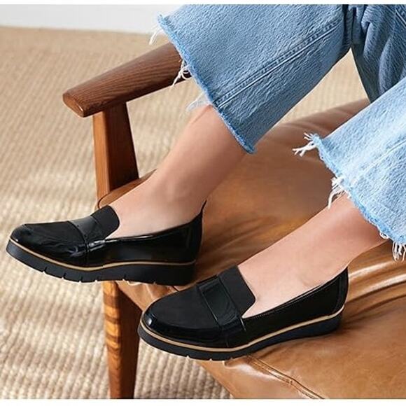 Dr. Scholl's Womens 7W Black Patent Webster Platform Loafer Shoes Slip On LB7-11 - Picture 1 of 13